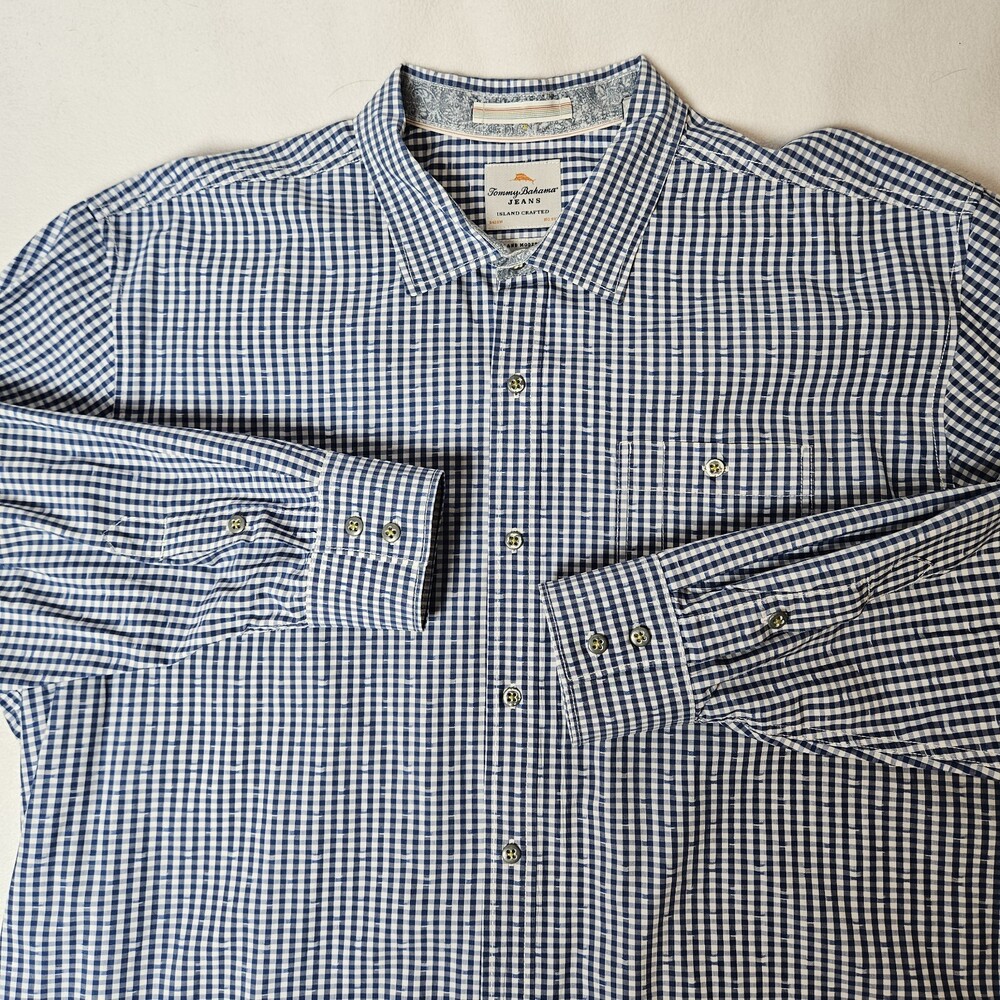 Tommy Bahama Island Modern Fit Button Up Shirt Men's XXL Long Sleeve Blue Check